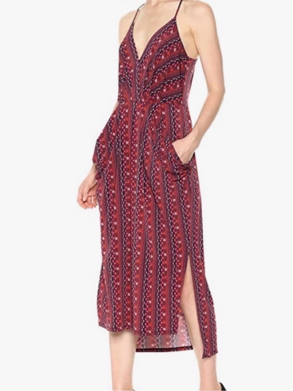 BCBGeneration Red Patterned V-Neck Midi Dress